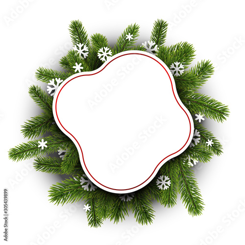Happy New Year rounded greeting card template with paper snowflaker and fir branches. photo