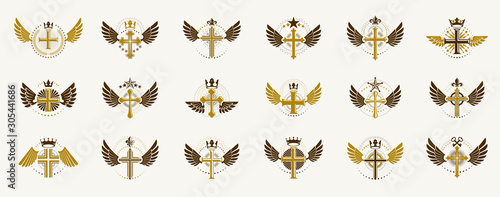 Crosses secrets emblems vector emblems big set, Christian religion heraldic design elements collection, classic style heraldry symbols, antique designs.