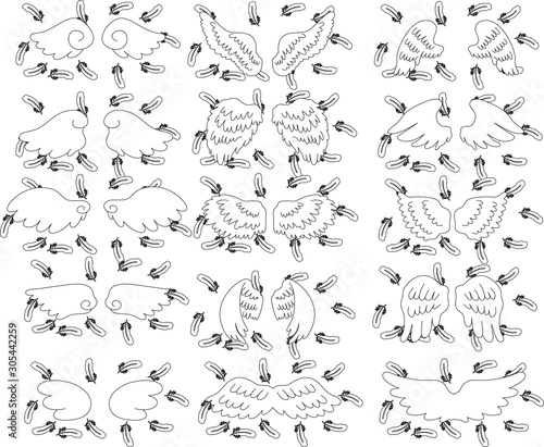 Angel wings of feathers fluttering set