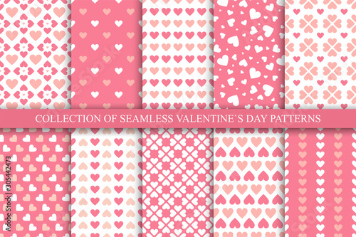 Collection of seamless geometric patterns with hearts in pink colors. Cute backgrounds for Valentines day