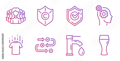 Thoughts, Women group and Confirmed line icons set. Copyright protection, Dry t-shirt and Tap water signs. Survey progress, Beer glass symbols. Business work, Lady service. Business set. Vector