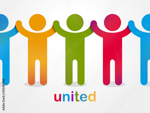 Worldwide people global society concept, different races solidarity, we stand as one, togetherness and friendship allegory, world unity cooperation, vector illustration logo or icon.