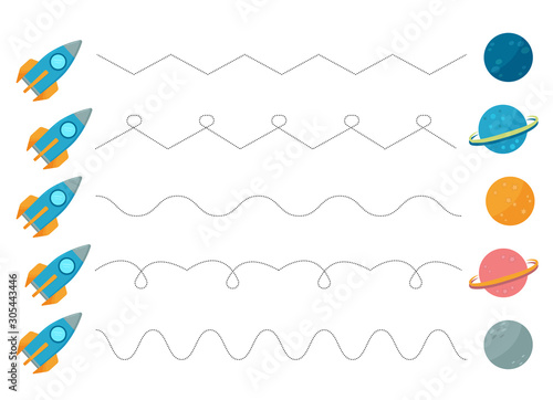 Connect the pictures on the lines. Training hand. Educational game for children. Rockets and planets.