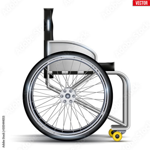 Sport Wheelchair Paralympic Equipment. Original Design Classic model for disability athletes. Side view. Vector Illustration isolated on white background