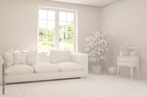 Mock up of stylish room in white color with sofa. Scandinavian interior design. 3D illustration