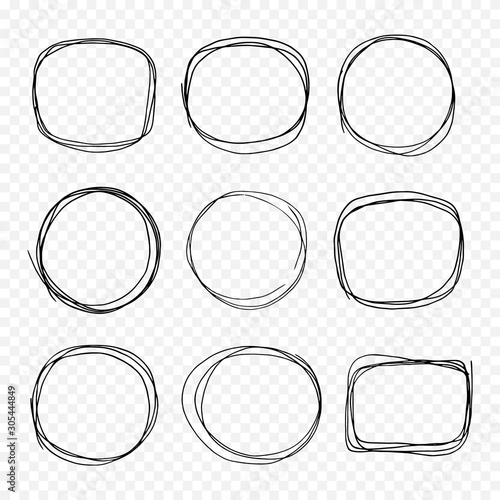 Hand drawn doodle scetch. Circle vector round set, scribble line collection. Circles Frame for message. Pencil or pen vector illustration isolated on transparent background.