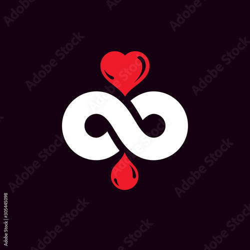 Vector illustration of heart shape, drops of blood and symbol of limitless. Healthcare and medical treatment conceptual logo for use in medical care advertisement.