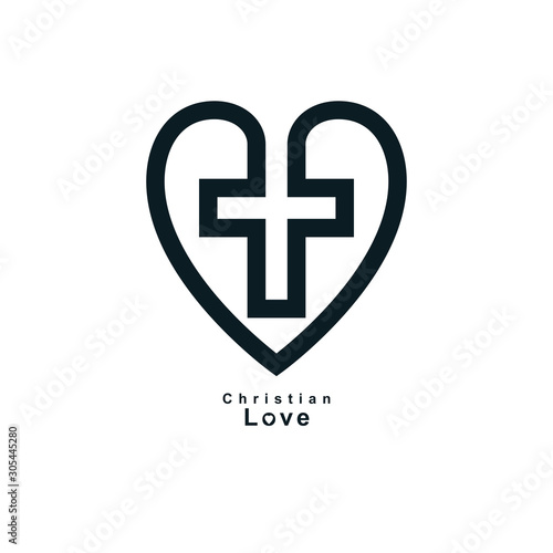 True Christian Love and Belief in God, vector creative symbol design, combined Christian Cross and heart, vector logo or sign.