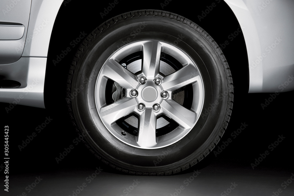 Silver Alloy wheel and brake on tyre Silver Alloy wheel and brake on tyre