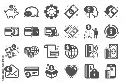 Money wallet icons. Update credit card, Contactless payment and Piggy bank icons. Online payment, Dollar exchange and Fast money send. Private pay, Blocked credit card and Wallet. Quality set. Vector