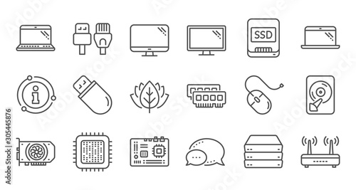 Computer device line icons. Motherboard, CPU and Laptop. SSD memory linear icon set. Quality line set. Vector