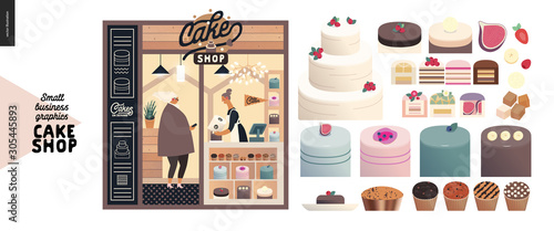 Cake shop, cakes on demand - small business graphics - facade -modern flat vector concept illustrations - a shop front entrance, showcase, shop interior - assistant at the counter, buyer. Set of cakes