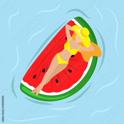 vector illustration of a bright girl resting on an air mattress at sea