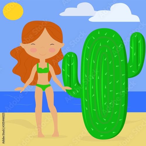  vector illustration a bright girl is relaxing on the beach, a girl with an inflatable mattress in the form of a cactus on a background of the sea