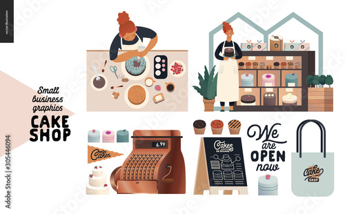 Cake shop, cakes on demand - small business graphics - set -modern flat vector concept illustrations - a cake maker decorating a cake, shop owner in front of showcase, cash register, pavement sign