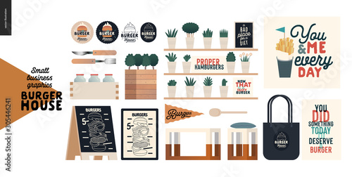 Burger house - small business graphics - shop elements -modern flat vector concept illustrations - pavement stand, logo, blackboard, branded bag, menu, table, plants, posters, cutlery,