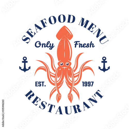 Seafood menu vector emblem or badge with squid