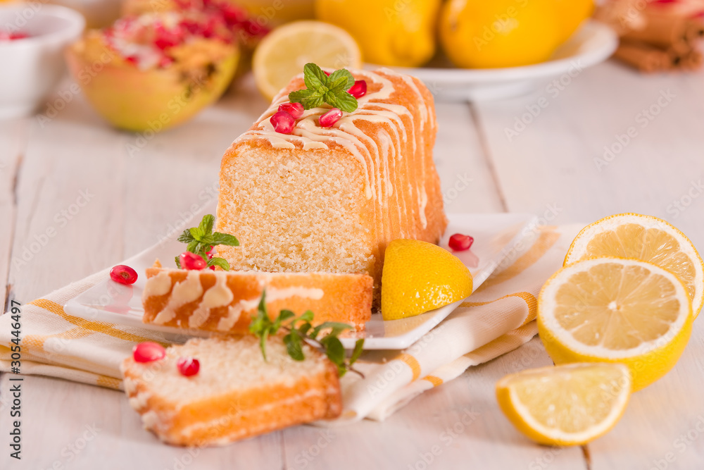 Lemon sponge cake with pomegranate. Lemon sponge cake with pomegranate.