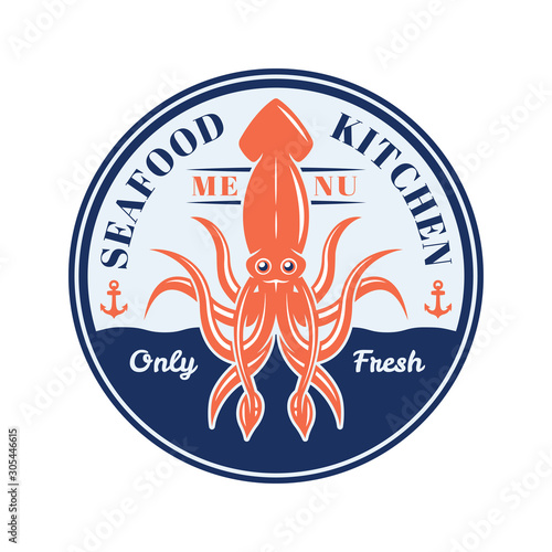 Squid vector round emblem for restaurant menu