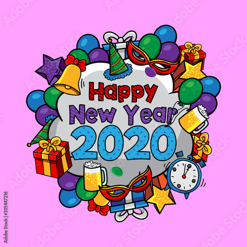 Happy New Year Coloring Doodle Vector Illustration 
