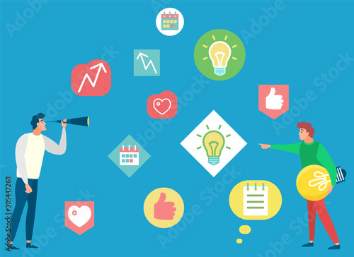 Business ambitions icons, man with magnifier, light bulb, growth arrow symbol. Creative idea, innovation technology, finance promotion, worker researching vector