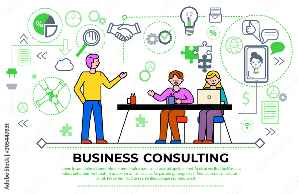 Business consulting meeting of workers, businesspeople brainstorming and discussing problems. Man and woman with laptop and tutor. Diagrams and charts, gears and magnifying glass icon vector