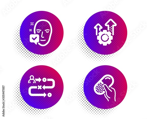 Seo gear, Face accepted and Journey path icons simple set. Halftone dots button. Capsule pill sign. Cogwheel, Access granted, Project process. Medicine drugs. Science set. Vector