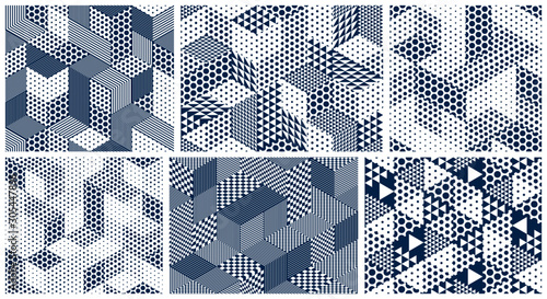 3D dotted cubes seamless patterns vector backgrounds set, dots dimensional blocks, architecture and construction, geometric designs.