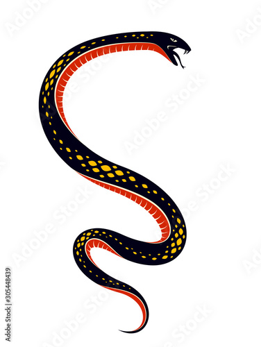 Venomous snake vintage tattoo, vector drawing of aggressive predator reptile, deadly poisoned serpent symbol, vintage style illustration.