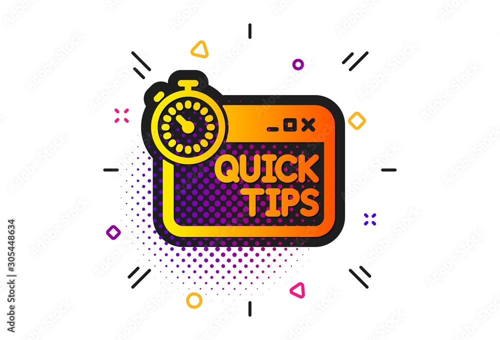 Helpful tricks sign. Halftone circles pattern. Quick tips icon. Tutorials with timer symbol. Classic flat quick tips icon. Vector Helpful tricks sign. Halftone circles pattern. Quick tips icon. Tutorials with timer symbol. Classic flat quick tips icon. Vector