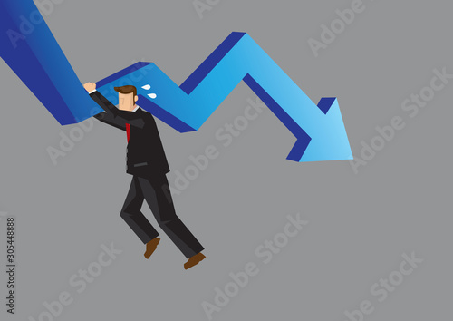 Businessman Hanging On to Falling Arrow Cartoon Vector Illustration for Business Metaphor