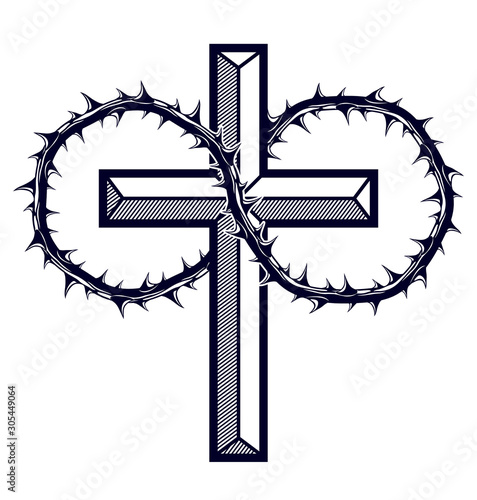 Christian cross with blackthorn thorn vector religion logo or tattoo, passion of the Christ.