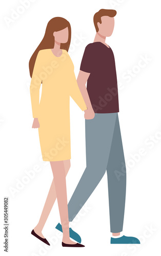 Couple, passers-by or city street walkers, man and woman vector. Girl and guy in casual clothes walking holding hands, male and female characters