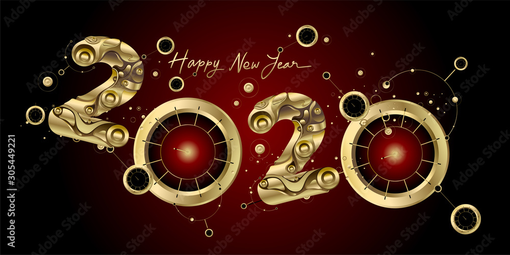 Happy New Year 2020 - New Year Shining Black background with golden clock and sparkling elements. Happy New Year 2020 - New Year Shining Black background with golden clock and sparkling elements.