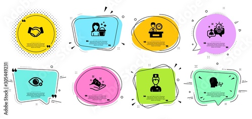 Doctor, Handshake and Breathing exercise line icons set. Chat bubbles with quotes. Skin care, Idea and Cleaning signs. Presentation time, Farsightedness symbols. Medicine person, Deal hand. Vector