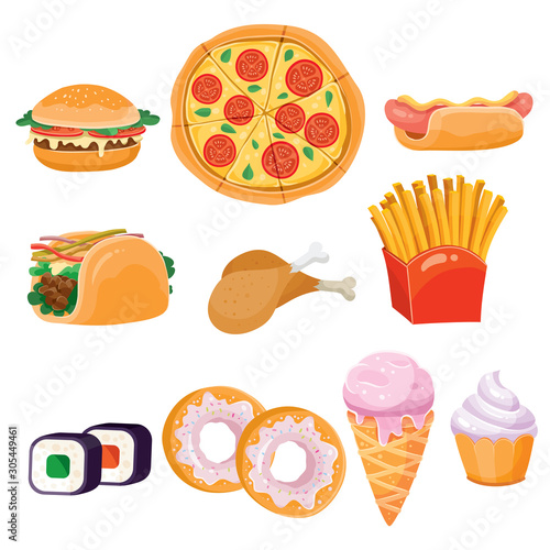 fast food set for fast food, ice cream, donut, tacos, hamburger, sausage, bun, chicken legs, cupcake, isolated object on a white background,