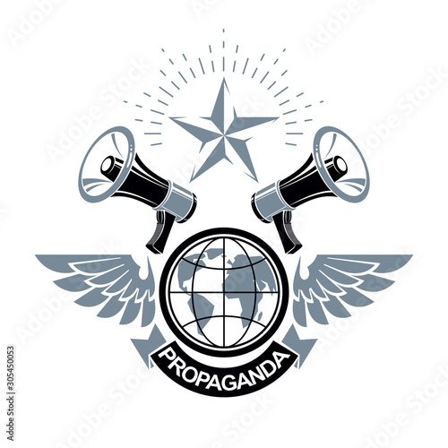 Advertising leaflet composed with loudspeakers and Earth globe, vector illustration. Disinformation idea, misleading information concept, brainwashing theme