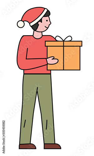 Guy stand and hold vector package in hands. Man ready to greet friends with christmas, holiday time. Box with present inside and tied by ribbon. Person isolated on white background in minimalism