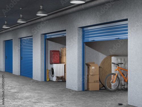 storage hall with open storages doors 3d illustration