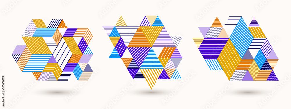Line design 3D cubes and triangles abstract backgrounds set, polygonal ...