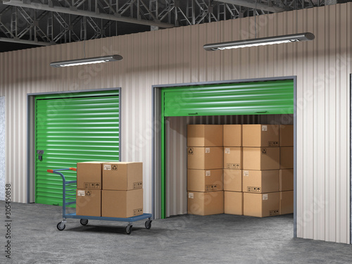 storage hall with open storages door and wheelbarrow with boxes 3d illustration photo