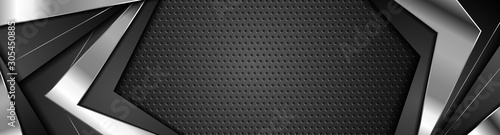 Black and silver metal stripes on dark perforated background. Vector monochrome banner design