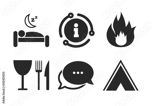 Knife, fork and wineglass. Chat, info sign. Food, sleep, camping tent and fire icons. Hotel or bed and breakfast. Road signs. Classic style speech bubble icon. Vector