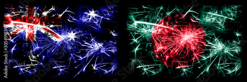 Australia, Ozzie vs Bangladesh, Bangladeshi New Year celebration sparkling fireworks flags concept background. Combination of two abstract states flags. © Vlad