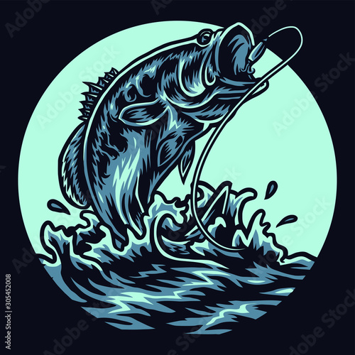 Bass fishing illustration using a hand drawing style continued with digital coloring, this is a combination of hand drawing style and digital color