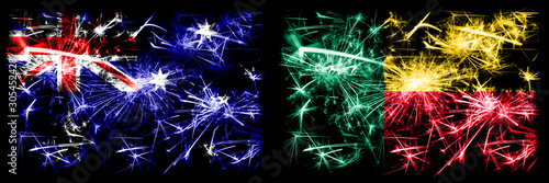 Australia, Ozzie vs Benin, Beninese New Year celebration sparkling fireworks flags concept background. Combination of two abstract states flags. © Vlad