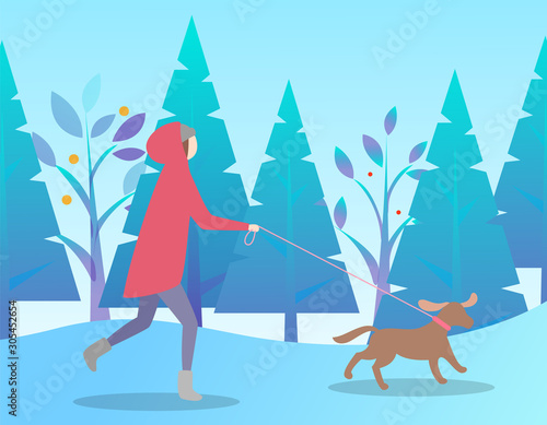 Female running with dog in park  leisure or winter holiday in forest. Woman leading domestic animal near fir-trees in snowy weather. Person wearing warm clothes for walking in frost weather vector