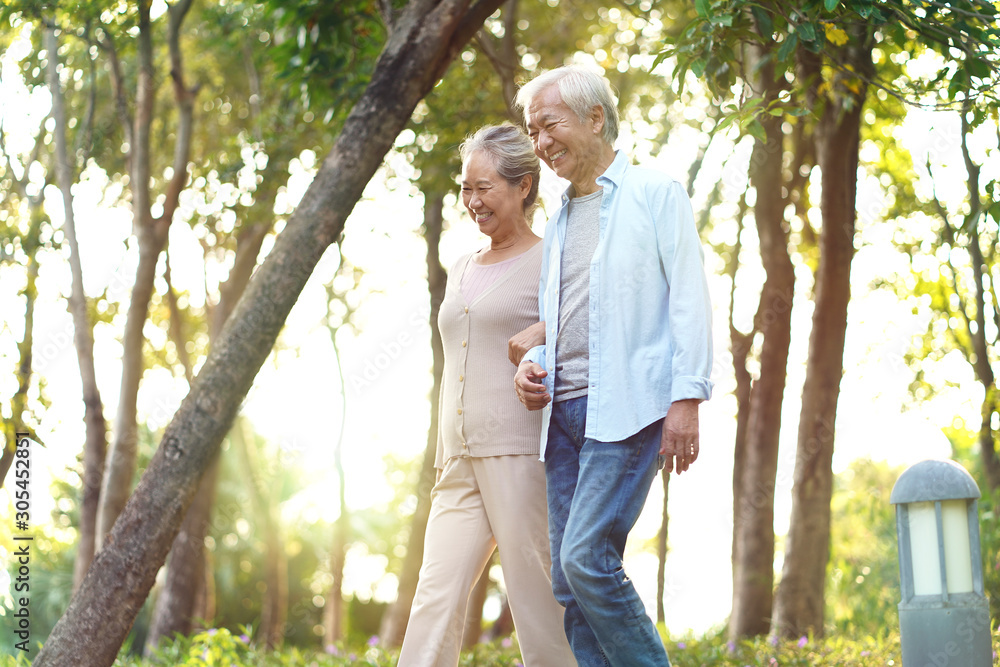 senior asian couple walking in park senior asian couple walking in park