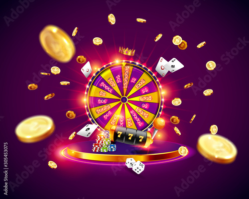 The Wheel of fortune, roulette, slot machine, illuminated by searchlights, on the podium surrounded by flying coins and playing chips.