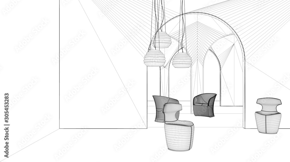 Blueprint project draft, classic metaphysics surreal interior design, living room with ceramic floor, open space, archway with armchairs, unusual architecture, project idea